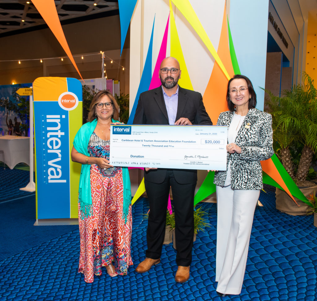 Interval International's 2019  check presentation to CHTA Education Foundation.

Pictured (left to right) – Patricia Affonso-Dass, Caribbean Hotel and Tourism Association president; Samy Gonzalez, Interval International’s business development manager for the Caribbean and Southeast U.S.; and Karolin Troubetzkoy, Caribbean Hotel and Tourism Association Education Foundation chairman.